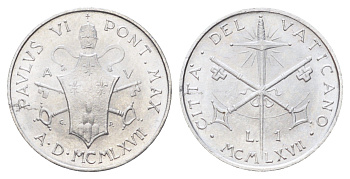 Ватикан 1 лира 1967 MCMLXVII, год-тип KM 92 алюминий UNC 4701-463