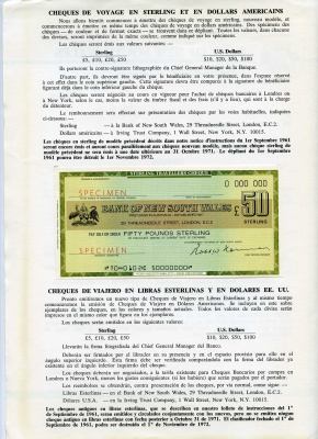 Австралия, Банк Южного Уэльса 50 фунтов и 50 долларов 1971 дорожные чеки, оригинальный буклет, образец Specimen   бумага  UNC (пресс) 5548-4-2-1