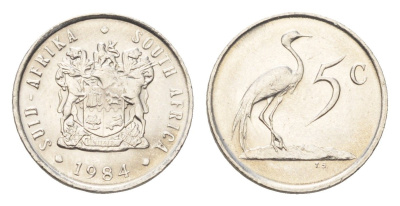 ЮАР 5 центов 1984 герб, райский журавль KM 84 никель UNC 4694-464