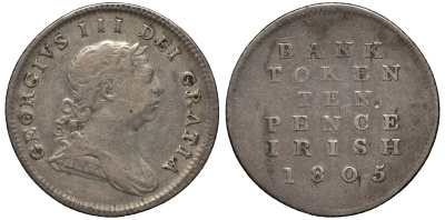 Ирландия 10 пенсов 1805 банковский токен, Георг III (1760-1820) KM Tn3 серебро 441-1314