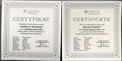 Ниуэ 1 доллар 2012 футбол чемпионат, стадион во Вроцлаве, в оригинальной коробке с сертификатом тираж 1000 шт. KM NEW серебро PROOF 00-00