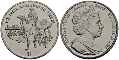 Британские Виргинские острова 1 доллар 2014 в память героев первой мировой войны, солдат верхом на верблюде KM NEW медно-никель  UNC  4386-711
