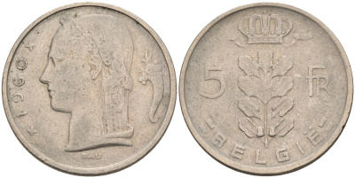 Бельгия 5 франков 1960 Belgie, Бодуэн I (1951-1993) KM 135.1 медно-никель 92-415