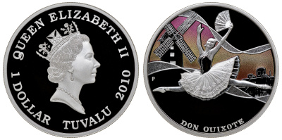 Тувалу набор из 5 монет 2010 звезды мирового балета, в оригинальной коробке, с сертификатом, цветная эмаль KM NEW серебро PROOF 14-01-02-05