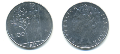 ИТАЛИЯ 100 ЛИР 1976 R, АФИНА KM 96.1 нержавеющая сталь 3999-335
