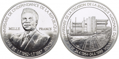 Руанда 1000 франков 1989 25 лет Национальному банку и 25 лет Независимости KM 17 серебро UNC 1071-9-41