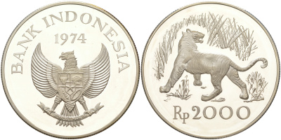 Индонезия 2000 рупий 1974 Яванский тигр, тираж 18000 экз. KM 39a серебро PROOF 1074-2-64