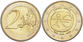Кипр 2 евро 2009 10 лет монетарной политики ЕС (EMU) и введения евро KM 89 биметалл UNC 4111-642