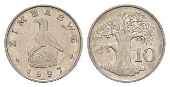 Зимбабве 10 центов 1997 птица-идол, баобаб KM 3 медно-никель aUNC 4655-754