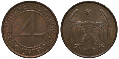 Германия 4 рейхспфеннига 1932 G KM 75, J. 315 медь 1525-314