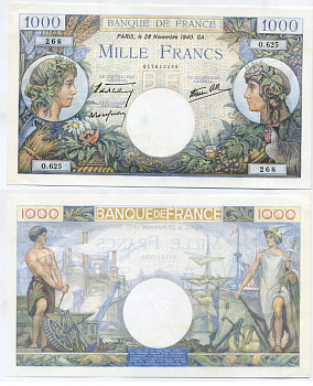 Франция 1000 франков 1940 28 ноября 1940, подписи Bletterie, Rousseau, Favre-Gilly Pick 96a бумага UNC (пресс) 000-00-00