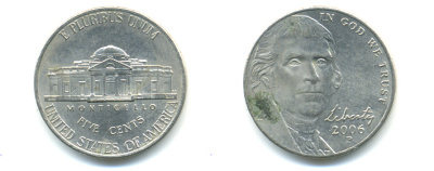 США 5 центов 2006 P, Джефферсон KM 381 медно-никель 86-651