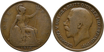 Великобритания 1 пенни 1914 Георг V (1910-1936) KM 810, Spink 4051 бронза 4680-921
