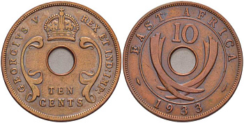 Британская Восточная Африка 10 центов 1933 Георг V (1910-1936) KM 19 бронза 4380-644