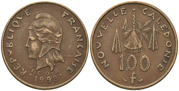 Французская Новая Каледония 100 франков 1998 хижина среди сосен и пальм, (IEOM) KM 15, Schoen 16, Lec 139b никель бронза 4680-1025