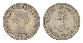 Родезия и Ньясаленд 3 пенса 1962 Елизавета II (1952-2022), цветок глориоза KM  3 медно-никель    4640-923