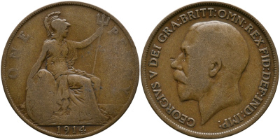 Великобритания 1 пенни 1914 Георг V (1910-1936) KM 810, Spink 4051 бронза 4680-921