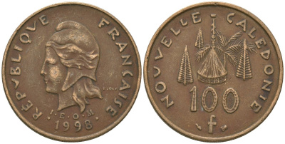 Французская Новая Каледония 100 франков 1998 хижина среди сосен и пальм, (IEOM) KM 15, Schoen 16, Lec 139b никель бронза 4680-1025