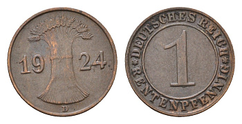 Германия 1 рентенпфенниг 1924 D KM 30, J. 306 бронза 4696-565