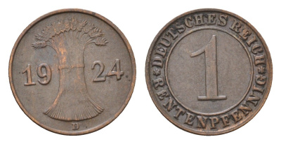 Германия 1 рентенпфенниг 1924 D KM 30, J. 306 бронза 4696-565