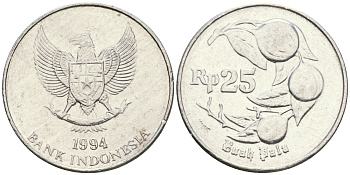 Индонезия 25 рупий 1994 мускатный орех KM 55 алюминий 4364-2822