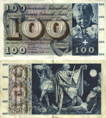 Швейцария 100 франков 1967 1 января 1967, серия 55 N, подпись 42 Pick 49 i бумага 8606-25-1-1