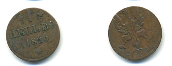 Франкфурт 1 геллер 1820 GB AKS 30, Jaeger 10, KM 301 медь 46-334