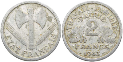 Франция 2 франка 1943 правительство Виши KM 904.1, LE FRANC 270.2 алюминий 109-1222