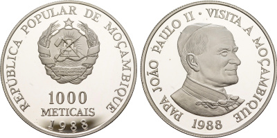 Мозамбик 1000 метикалей 1988 визит в Мозамбик папы Иоанна Павла II KM 109 a серебро  PROOF  1079-5-24