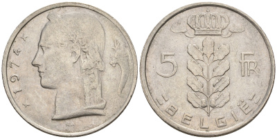 Бельгия 5 франков 1974 Belgie, Бодуэн I (1951-1993) KM 135.1 медно-никель 259-1053