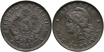 Аргентина 2 сентаво 1890 голова свободы влево KM 8 бронза 4531-923