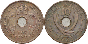 Британская Восточная Африка 10 центов 1937 KN, Георг VI (1936-1952) KM 26.1 бронза 3333-1133