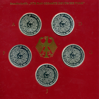 ФРГ набор из 5 штук по 10 марок 1999 A, D, F, G, J, 50 лет конституции ФРГ KM 196 серебро PROOF 6-5-2-7