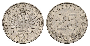 Италия 25 чентезимо 1903 R, Виктор Эммануил III (1900-1946) KM 36 никель 413-1941