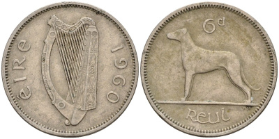 Ирландия 6 пенсов 1960 ирландский волкодав KM 13a медно-никель 4146-447