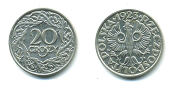 Польша 20 грошей 1923 w KM 12, Parchimowicz 105 никель 4383-168