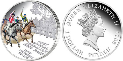 Тувалу 1 доллар 2010 100 лет первым Австралийским скачкам, цветная эмаль KM NEW серебро PROOF 1074-2-54