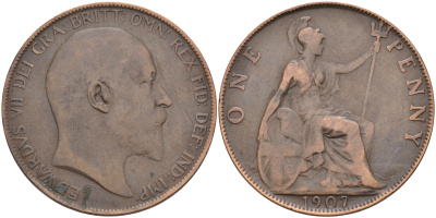 Великобритания 1 пенни 1907 Эдуард VII (1901-1910) KM 794.2, Spink 3990 бронза 4367-112