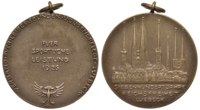 Любек медаль 1926 700 летие города, 33 мм, 15,17 гр  бронза  UNC  73-933