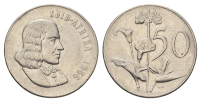 ЮАР 50 центов 1966 Ян ван Рибек (1619-1677), Suid Africa, легенда на африкаанс, Зантедеския Эллиота (калла) KM 70.2 никель 4693-822