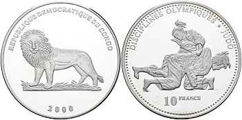 Конго 10 франков 2000 олимпийские дисциплины, дзюдо KM 52 серебро PROOF 00-00