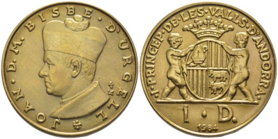 Андорра 1 динер 1984 ЕПИСКОП УРХЕЛЬСКИЙ ИОАНН I, тираж 7500 экз. KM 15 медь цинк UNC 00-00