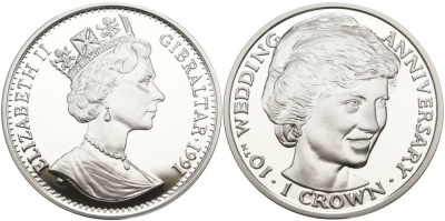 Гибралтар 1 крона 1991 10 лет королевской свадьбы, принцесса Диана, в оригинальной коробке, с сертификатом KM 85а серебро PROOF 3-4-3-34