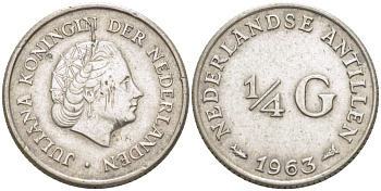 Нидерландские Антилы 1/4 гульдена 1963 Юлиана (1948-1980) KM 4 серебро 3309-364