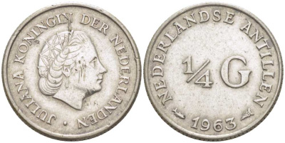 Нидерландские Антилы 1/4 гульдена 1963 Юлиана (1948-1980) KM 4 серебро 3309-364