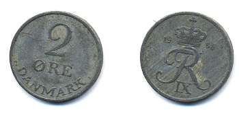 Дания 2 эре 1956 C; S, Фредерик IX (1947-1972) KM 840.2 цинк 51-4326