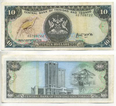 ТРИНИДАД И ТОБАГО 10 ДОЛЛАРОВ 1985 ПОДПИСЬ 4 Pick 38а бумага 3295-110-1