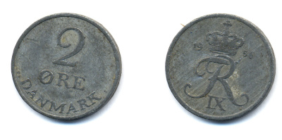 Дания 2 эре 1956 C; S, Фредерик IX (1947-1972) KM 840.2 цинк 51-4326