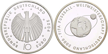 ФРГ 10 евро 2004 чемпионат мира по футболу в Германии 2006 года, футбольный мяч на орбите земли KM 229, DE.S. 10.12 серебро PROOF 00-00