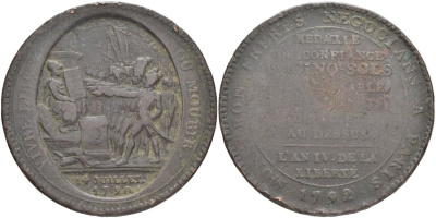 Франция 5 солей (су) 1792 LAN 4, революции, токен, VIVRE LIBRAS OU MOURIR ("Жить свободным или умереть", MONNERON FRERES NEGOCIANS A PARIS (Торговцы братья Моннерон. Париж). KM Tn31, Guilloteau 291, Mazard 145 бронза 4552-923